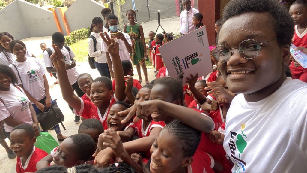 James and students at Gazelle Community School